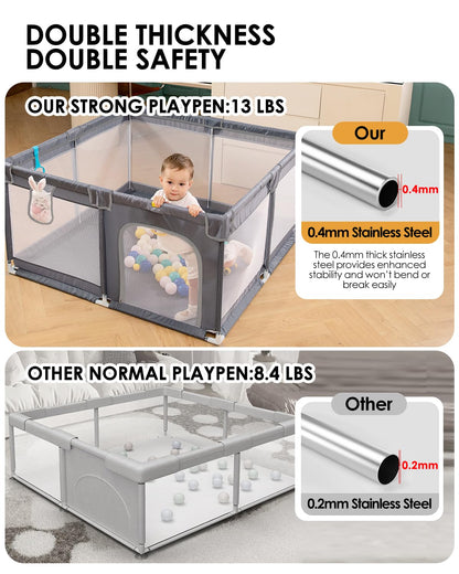50" x 50" Extra Large Baby Playpen for Babies and Toddlers, Safe with Soft Play Fence, Indoor Safety Yard, Easy to Assemble and Clean (Gray)