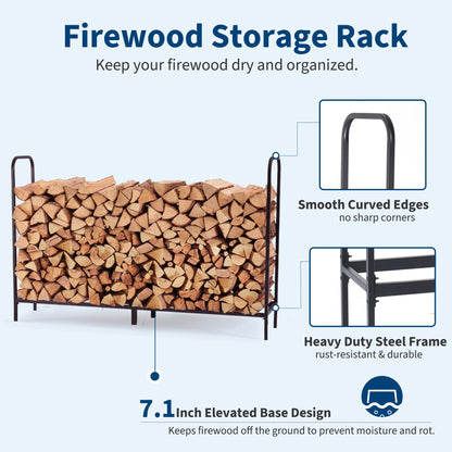 DUMOS 8FT Heavy Duty Firewood Storage Rack, Firewood Storage Log Rack with Cover and Zipper, Indoor Outdoor Wood Racks for Fire Wood Holder, Black
