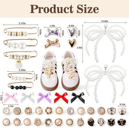 RQAYE 50pcs Shoe Charms for Sneakers & Accessories - DIY Shoe Lace Pearl Rhinestone Brooches and Pins for Women,Junk Socks Charms Kit and Satin Cute Shoelace Accessories