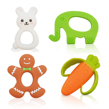 WANABUY - Silicone Pacifier teether Toys for Babies 0-6 and 6-12 Months – Package of 4 Baby teethers - Pain Relief – Infants and Toddlers. Safer Than Plastic - Soft and Flexible - Easier to Clean