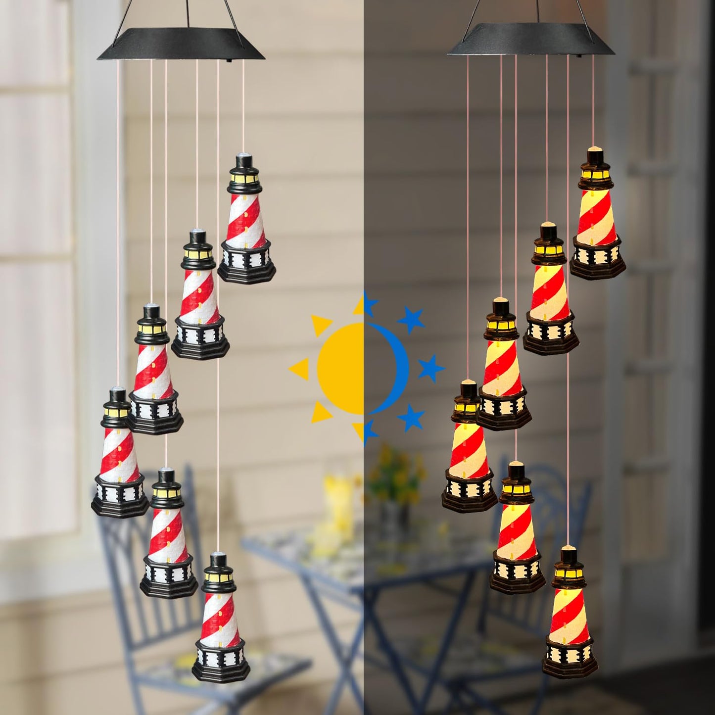 Lighthouse Solar Windchimes Outdoor Lighthouse Decorative Wind Chimes Solar Hanging Lighthouse Outdoor Garden Lighthouse（Red）