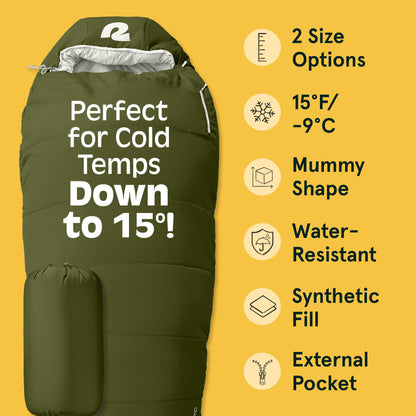Retrospec Dream 15 Sleeping Bag - Mummy Sleeping Bag for Camping, Insulated Cold Weather, Water-Resistant and Adjustable Draw Cords