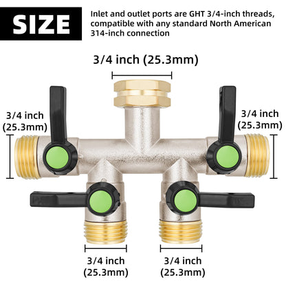 DINGBAI 4 Way Hose Splitter, Brass High Flow Garden Hose Splitter Heavy Duty, Hose Connector, Water Spigot Splitter, Full Flow Faucet Splitter with shutoff, 3/4” GHT Inlet
