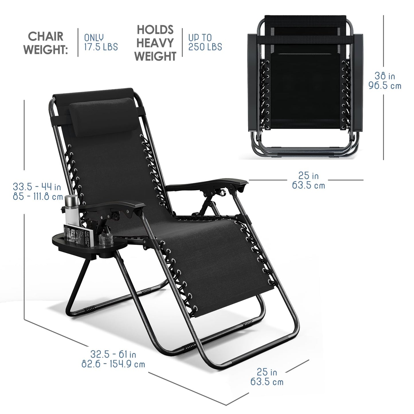 Nestl Zero Gravity Chairs, Portable Patio Lounge Chair Outdoor with Pillows & Cup Holder Trays, Adjustable Steel Mesh Reclining Camping Chair, Folding Patio Lawn Chair for Deck, Beach, Yard - Black