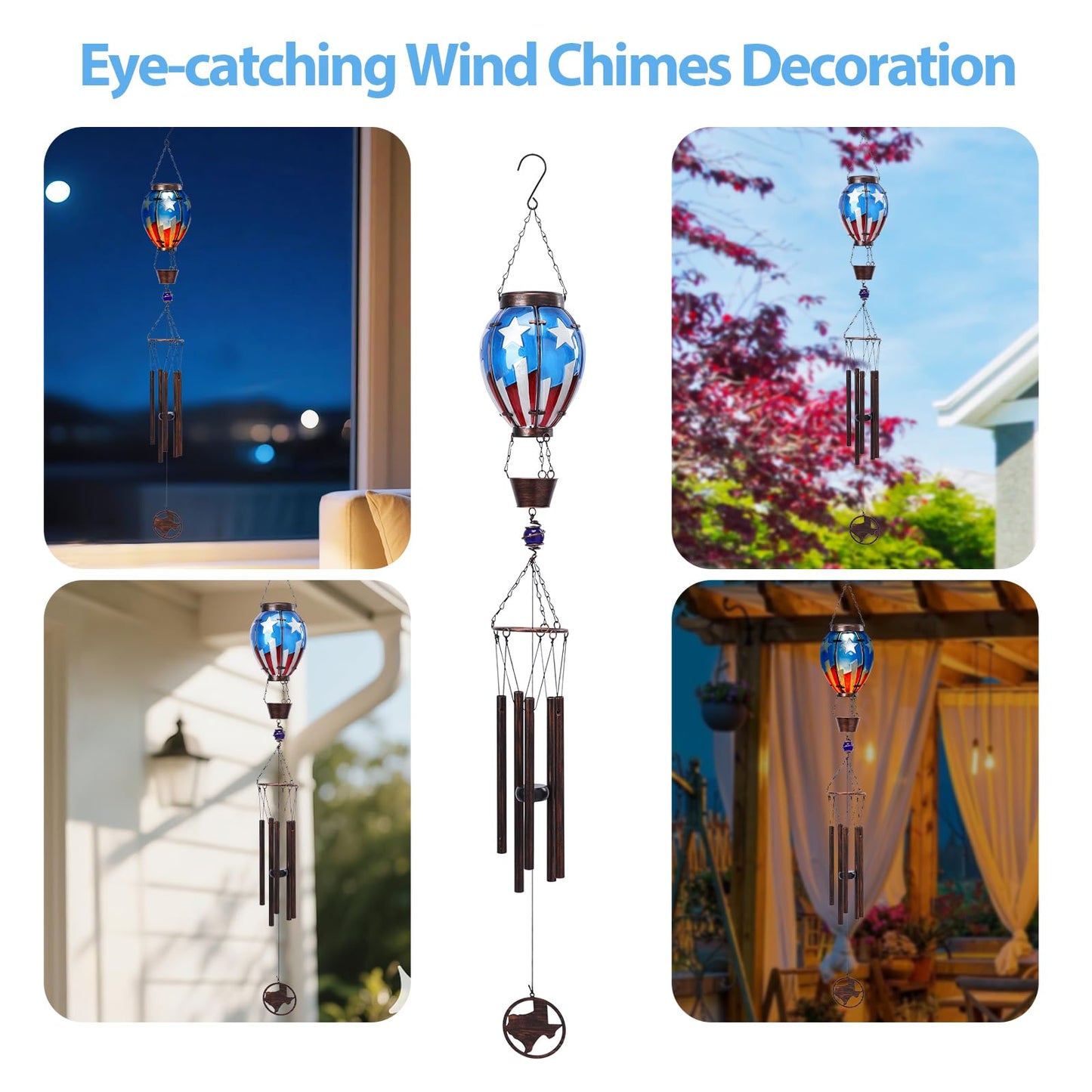 MUMTOP Solar Wind Chimes for Outside - American Flag Hot Air Balloon Wind Chimes Outdoor Unique, Glass Windchimes Clearance for Garden, Patio,Yard Decor Gift