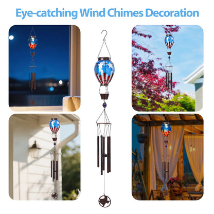 MUMTOP Solar Wind Chimes for Outside - American Flag Hot Air Balloon Wind Chimes Outdoor Unique, Glass Windchimes Clearance for Garden, Patio,Yard Decor Gift