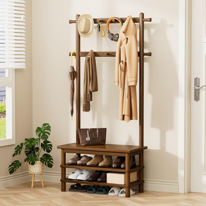 Wamhom Hall Tree, 3-in-1 Entryway Bench with Coat Rack, 11 Hooks and 2-Tier Hall Tree with Shoe Storage Bench, Solid Wood Coat Rack Freestanding, 27.2" Long