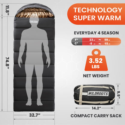 WILDROOTS Sleeping Bags for Adults, Backpacking Lightweight, All Season Sleeping Bag for Camping Hiking Outdoor, Travel Hunting with Compression Bags