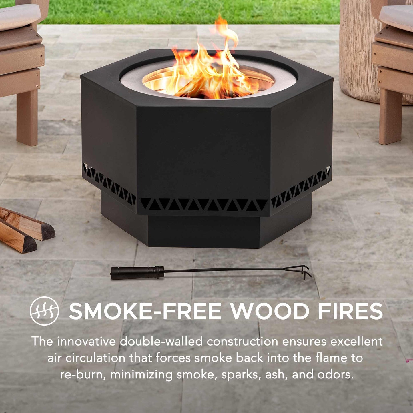 SUNJOY Smokeless Fire Pit 28-Inch Hexagonal Firepit for Patio and Outdoor, Stainless Steel Wood Burning Fireplace with PVC Cover and Fire Poker, Ideal for Camping, Bonfire, and Backyard, Black
