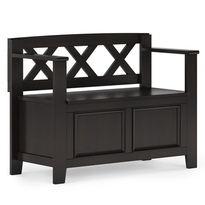 SIMPLIHOME Amherst Entryway Storage Bench - 36 inch Wide Solid Wood Hallway Bench in Hickory Brown, Transitional Bench for Entry or Mudroom with Lift-Up Lid, Storage Compartments and X-Back Detail