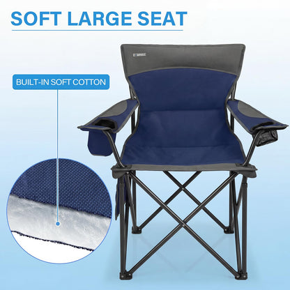 Oversized Camping Chair for Adults - 2 Pack Padded Lawn Chairs with Cup Holder & Side Pocket,Heavy Duty Folding Outdoor Chairs for Camp,Sports,Picnic,Beach,Dark Blue