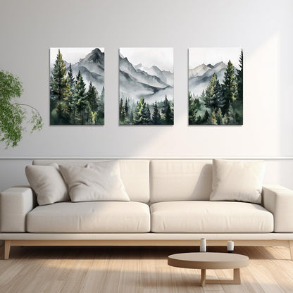 WANGTIAO 3 Panels Framed Canvas Wall Art for Living Room, Abstract Mountain Forest Views Ink Wall Decor for Dedroom Office Wall Paintings Green Landscape Art Prints Pictures Ready to Hang 12"x16"x3