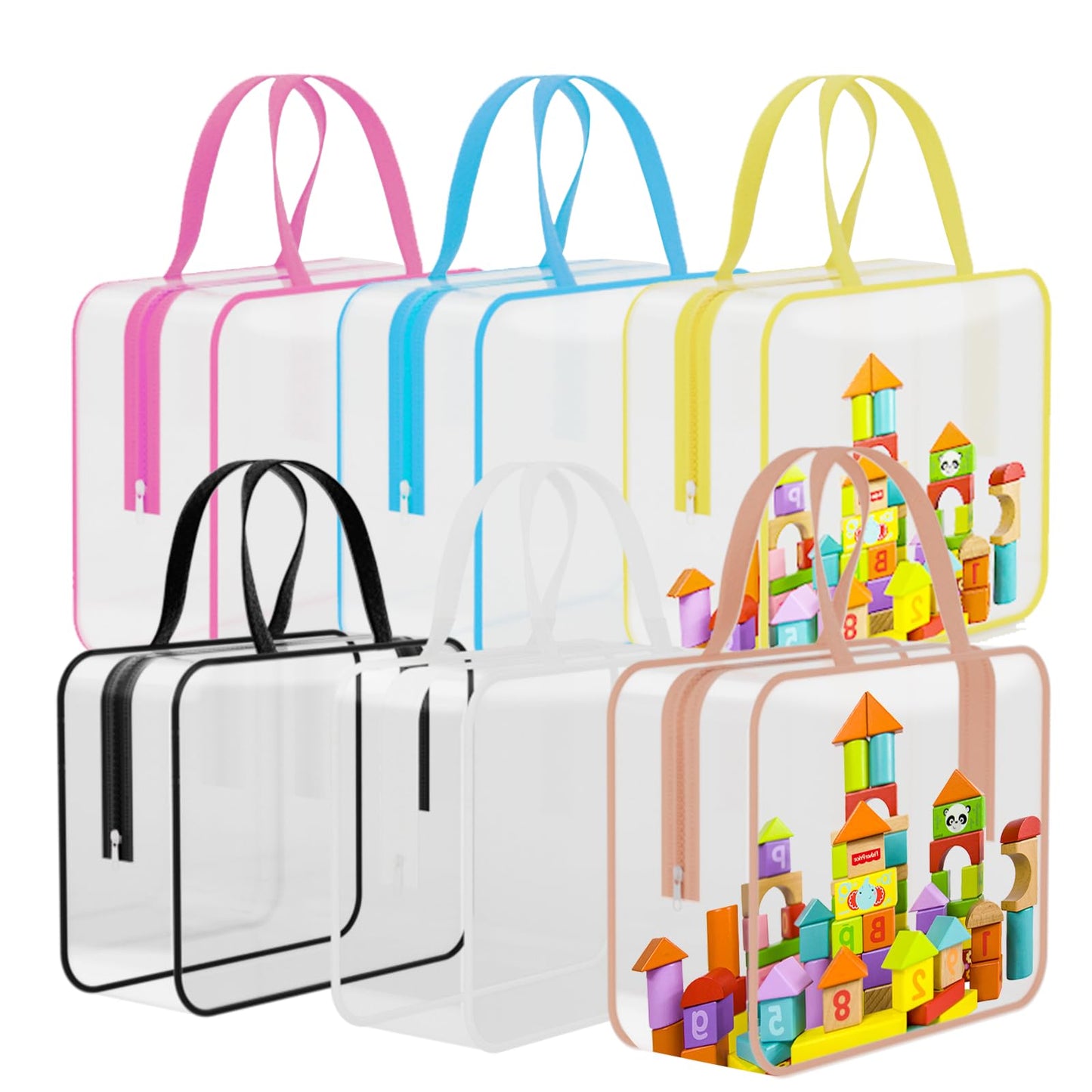 6 Packs Large Toy Storage Bags PVC Waterproof Organizers Toy Bags Reusable Clear PVC Board Game Storage with Zipper and Handle for Board Games, Building Blocks, Puzzles, Toys and Handmade Accessories