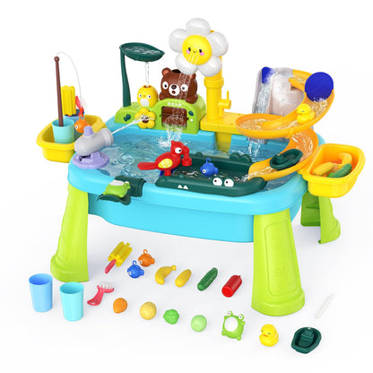 Water Table for Toddlers 1-3, Outdoor Toys for Kids Ages 4-8 with Pump, Kicthen Play Sink with Running Water, Fishing Toys Playset, Summer Outside Sand Water Sensory Activity Pool Toys Gifts, Blue