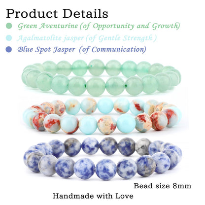 CMBYN 3-Pieces 8mm Natural Crystal Gemstone – ﻿Agalmatolite Jasper, Blue Spot, Green Aventurine Handmade Reiki Energy Healing Stretch Bracelets Jewelry for Yoga, Meditation, Unisex
