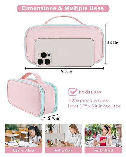 Amersun Large Capacity Pencil Case Pouch for Girl, Student, Women, Teen - Multi-Compartment, High Storage, Marker Pen Stationery Box Bag Organizer Holder for School College Office (Pink)