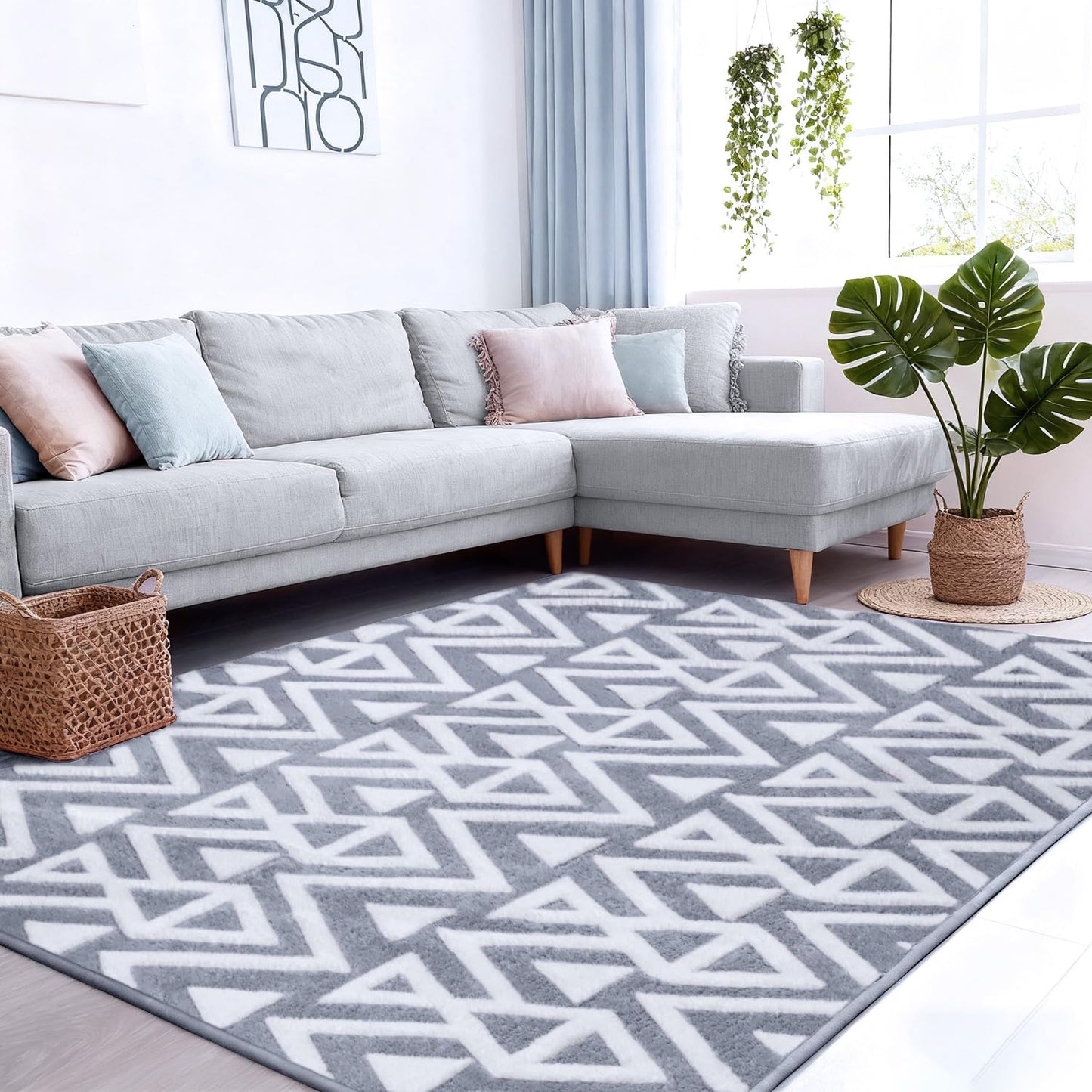Ompaa Ultra Soft Shaggy Rugs Memory Foam Bedroom Carpet, Grey 3 x 5 Feet, Plush Geometric Textured Area Rugs for Living Room Couch Dorm Bedside Kids Girls Teens Room Nursery Decor Floor Mat