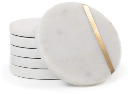 Cork & Mill Marble Coasters Set of 6 - Luxury Aesthetic Modern Decor for Coffee Table- White Marble with Gold Brass Inlay - Real Natural Semi Absorbent Stone Coasters