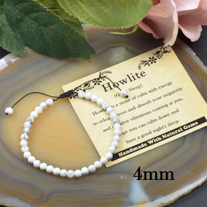 CHCCOYE 4mm Handmade Adjustable Natural Gemstone Crystal Bracelet Healing Power Energy Inspirational Gifts with Card for Unisex (Howlite)