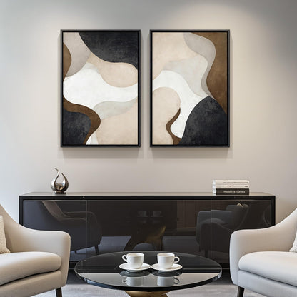 Framed Neutral Abstract Minimalist Wall Art Set of 2, Modern Canvas Prints Paintings Artwork for Walls, Black Beige Brown Abstract Art Pictures for Bedroom Living Room Dining Room Wall Decor 16x24 In