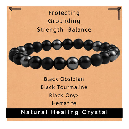 Gracayfr Black Tourmaline Protection Bracelet Empath Obsidian Onyx Triple Natural Stone Healing Crystals Spiritual Gemstone Stretch Bead Hematite 8mm
