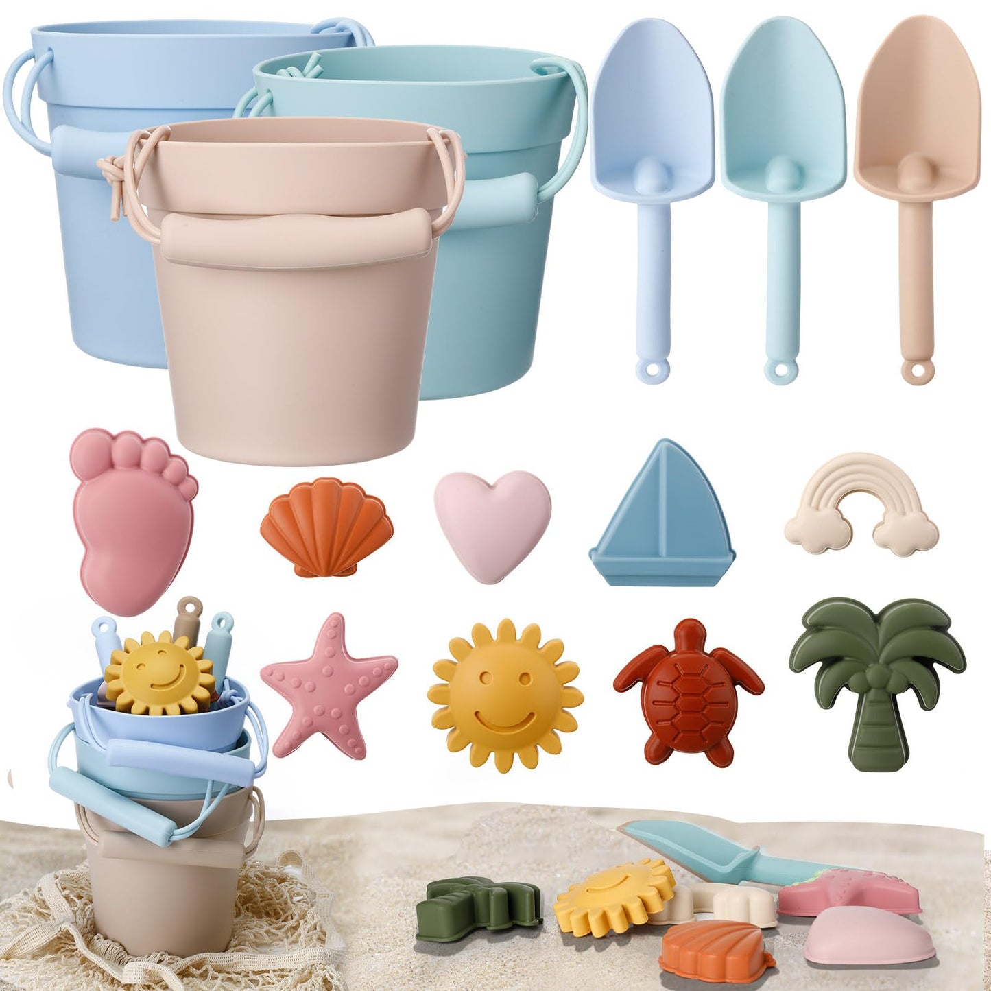 Hungdao 16 Pcs Silicone Beach Toys Travel Friendly Beach Set Colorful Toys Include 3 Silicone Bucket Pail, 3 Shovel, 9 Sand Molds, 1 Bag for Summer Pool Outdoor(Beige, Blue, Teal)