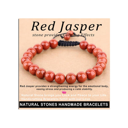 AD Beads 8mm Red Jasper - Stone Pepvodes Calming Effects - Handmade Natural Stone Crystal Bracelet with Adjustable Macrame String - Yoga Healing Power Energy Gifts for Men and Women
