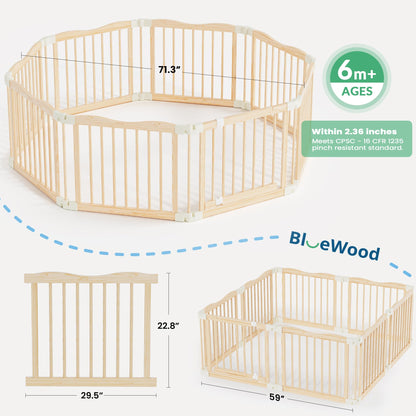 7-in-1 Foldable Wooden Toddler Climbing Toys, Foldable Wooden Playpen - Adjustable Wood Baby Play Yard with Child-Proof Lock