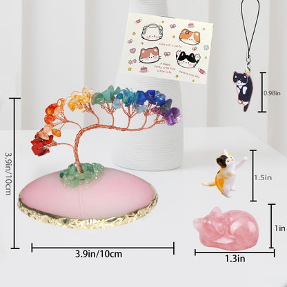 Dreamgirnh Opal Cat Chakra Crystal Tree and Healing Stones Cute Sleeping Cat Statue Lucky Kitten Figurine Office Bedroom Home Desk Fairy Garden Decoration cat Lovers Gifts for Women (Rose Quartz)