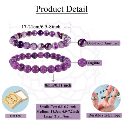 Bivei Natural Gemstone Semi Precious Crystals Handmade Stretchy Round Beads Bracelet, Enhance Positive Energy,Stocking Stuffers for Women(Dog-Tooth Amethyst & Sugilite (Love & Happiness) Large)
