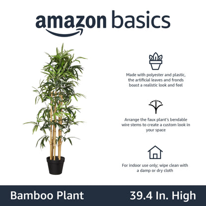 Amazon Basics Artificial Bamboo Plant with Plastic Planter Pot, 39.4", Green, Home Office Decor, Floor Plant