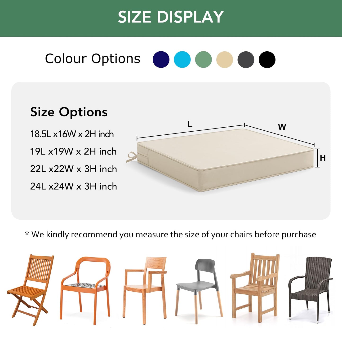 Outdoor Chair Cushions Set of 6: Waterproof & Fade Resistant Seat Cushion for Patio Furniture - 18.5 x 16 x 2 Inch Chair Pads with Ties and Hidden Zipper - Patio Chair Cushion Replacement, Beige