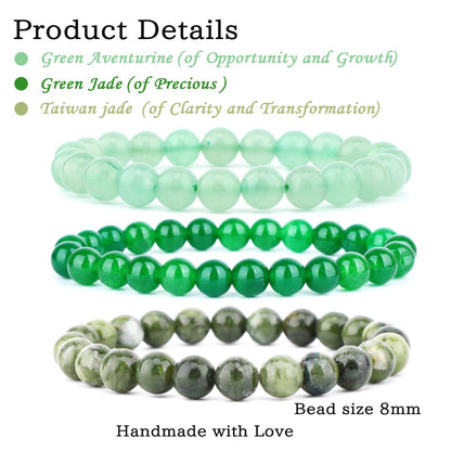 CMBYN 3-Pieces 8mm Natural Crystal Gemstone – ﻿Green Jade, Green Aventurine, Taiwan Jade Handmade Reiki Energy Healing Stretch Bracelets Jewelry for Yoga, Meditation, Unisex