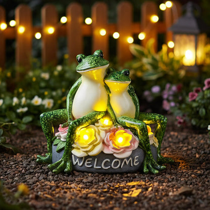 Solar Frog Garden Statues Outdoor Decor - 5.5" Resin Frog Figurine with Welcome Sign, Waterproof Yard Art Ornament for Patio Lawn Porch, Unique Housewarming Birthday Gifts for Women Mom Grandma