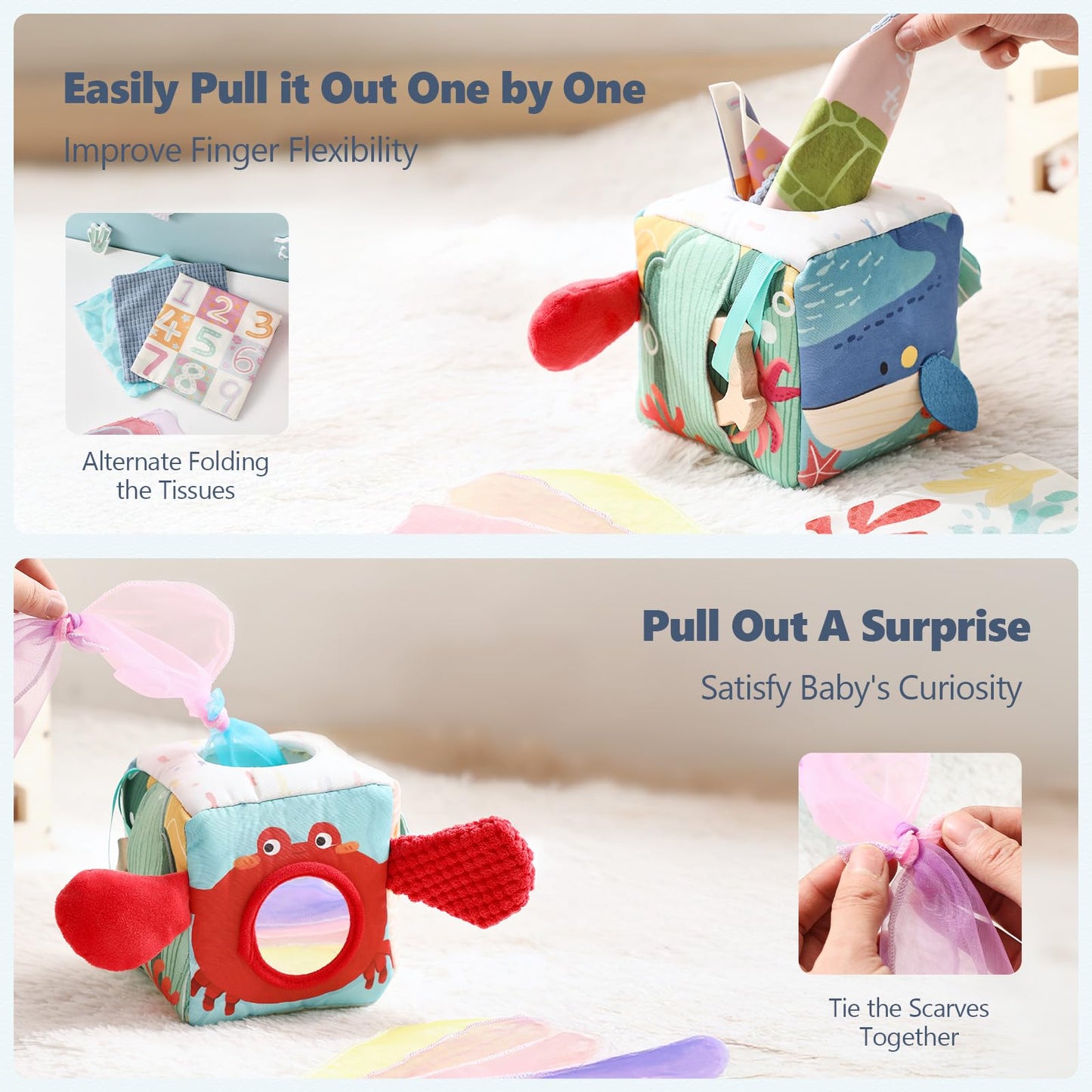 Youuys Baby Tissue Box Toy for Babies 6-12 Months - Montessori Toys Baby Tissue Box Sensory Toys for 1 Year Old - Boy Girl Gifts for Babies 6 12 18 Months Old (Ocean)