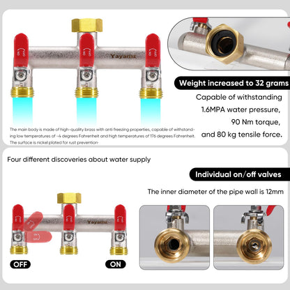 Yayamz 3 Way Garden Hose Splitter, Heavy Duty Brass Nickel Plated Rust Resistant Faucet Manifold, 3/4" Frost Resistant Outdoor Hose Adapter Connector，Hose Spigot Adapter with 3 large red handles