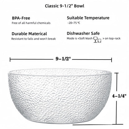 Qxbekmor 130 oz Acrylic Salad Bowls, 9.5" Serving Bowls for Fruits, Popcorn, Chips, Dips, Condiments, Break-Resistant Set of 2, Clear Circular