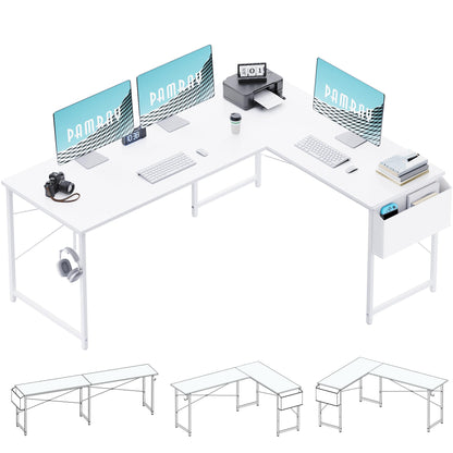 Pamray 64.5 Inch Reversible L Shaped Gaming Desk Large Corner Computer Desk with Storage Bag Home Office Table for Writing Study White