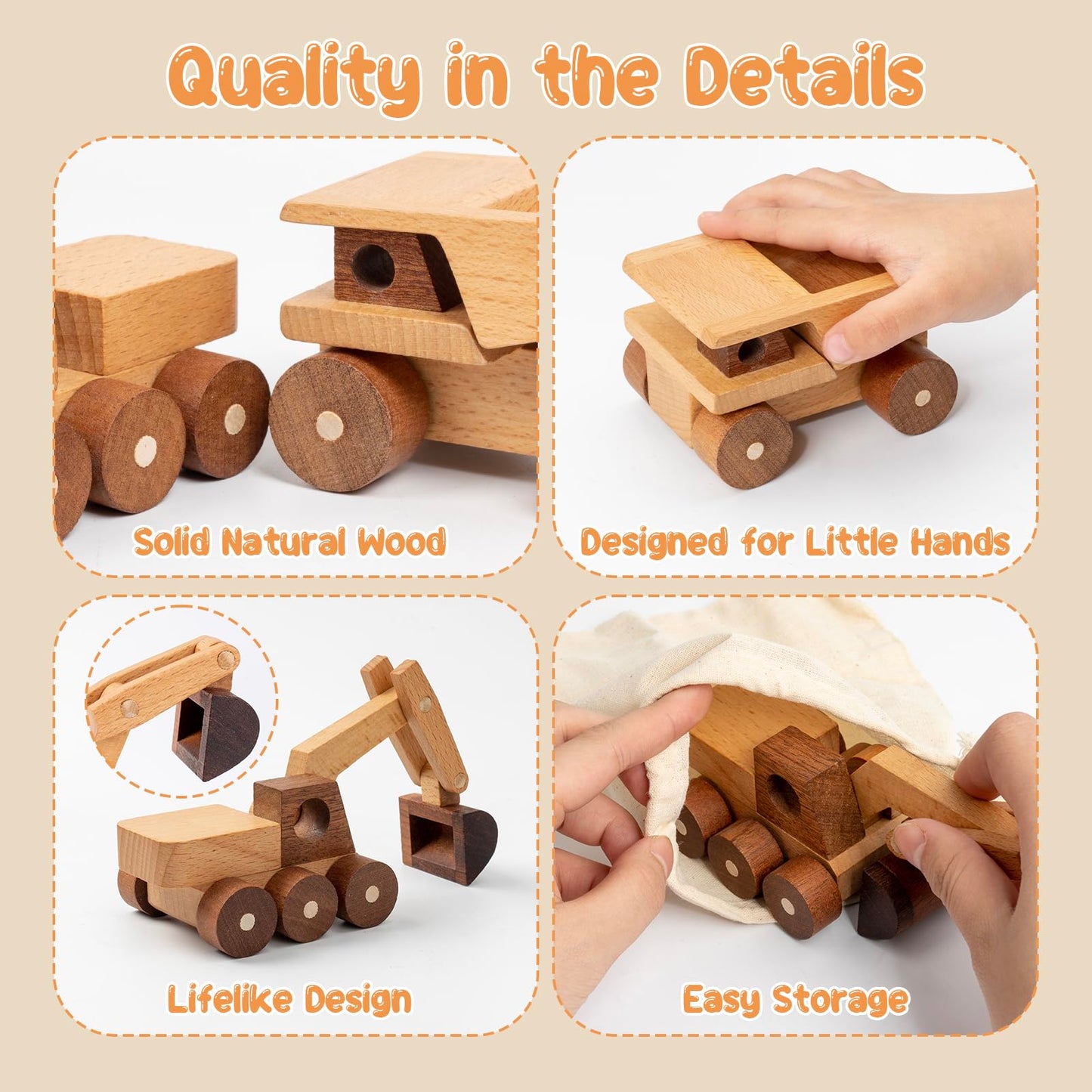 kienvy Wooden Toy Cars for 3 Year Old Boys & Girls - Construction Vehicles Set Push Toys for Toddlers, Wood Montessori Car with Rolling Wheels, Natural Wood Toys (Excavator & Dump Truck)