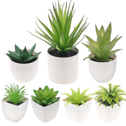 Quancru 7 Pack Small Fake Plants Artificial Succulent Plants in White Pots Artificial Greenery for Room Home Bathroom Bedroom Office Modern Decor