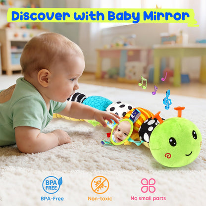 Baby Stuffed Caterpillar Toys for 0-6 6-12 Months, Musical Animal Sensory Toys for Infant 3 6 9 12 18 Months, Tummy Time Toys with Mirror Rattle Crinkle for Newborn Boys Girls Shower Gifts