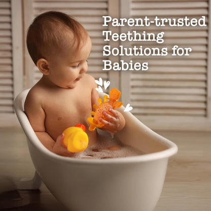 Bambeado Dibly Baby Teething Toy - Made with Natural Rubber & Amber Elements - Gentle Support, Easy to Hold, Simple to Clean - Cute Dinosaur Teether Toy - Alternative to Amber Teething Necklace