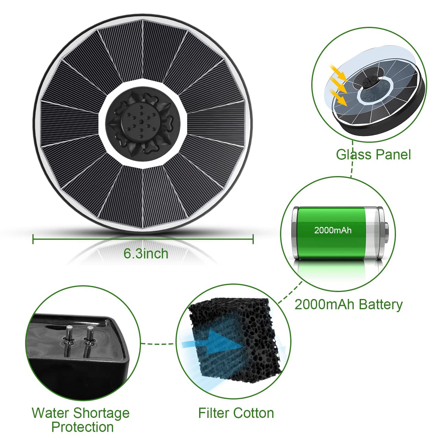 Yzert Solar Fountain with 2000 mAh Battery Backup Works in Cloudy, Glass Solar Powered Bird Bath Fountains with 7 Nozzles, 3.5 W Solar Fountain Pump for Birdbath,Garden, Outdoor, Pond (White)