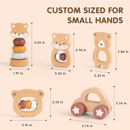 Freniland Wooden Montessori Toys, 5-Piece Wooden Baby Toys, Bear Baby Rattle, Fox Stacking Ring, Car Push and Pull Toys, Bear Grasping Toys,Newborn Baby Gift Sets for Boys and Girls