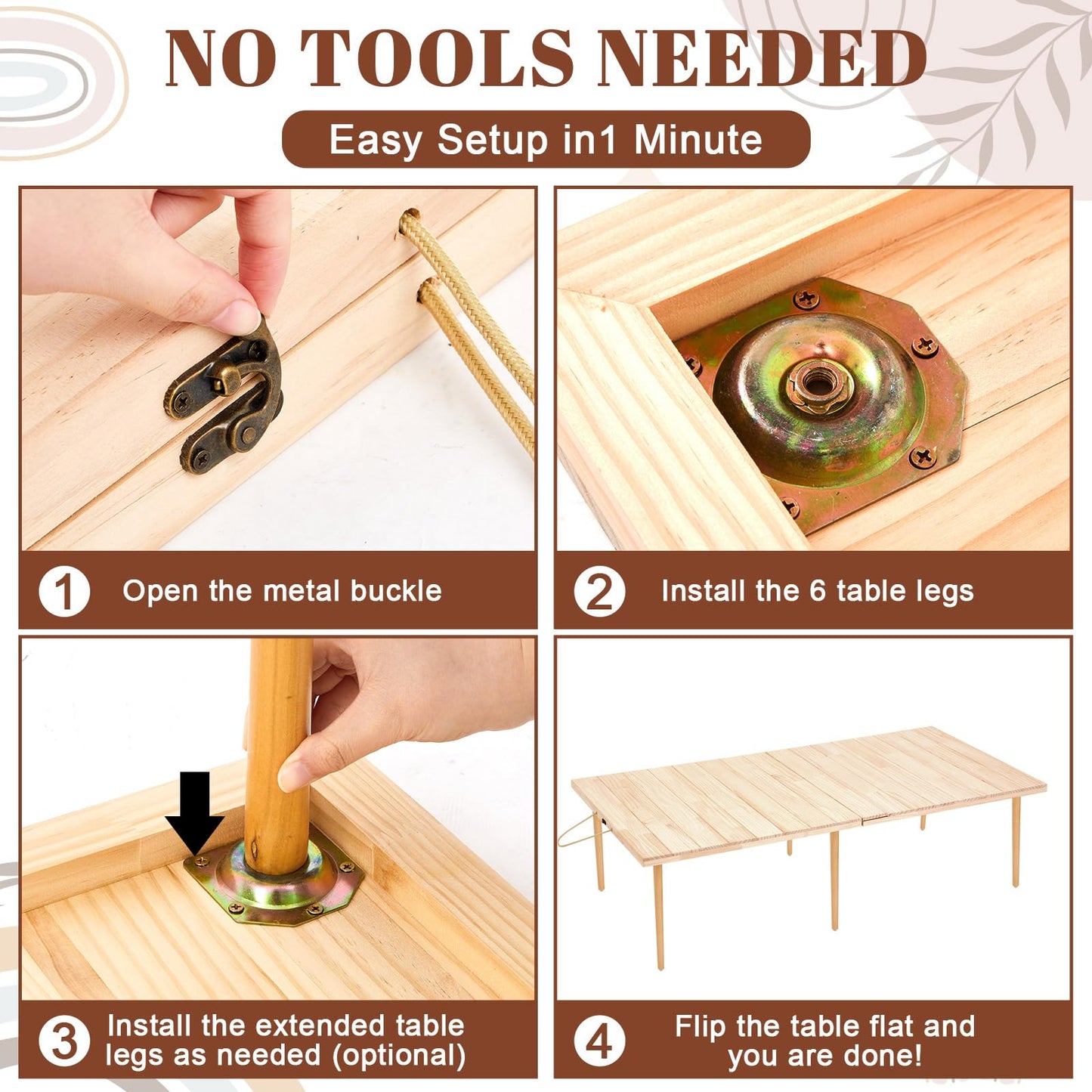 Hahafelt 2 Set Low Picnic Table, Foldable Boho Picnic Table with Extra Large Outdoor Camping Blanket Portable Boho Wood BBQ Tables for Camping Wedding Beach BBQ Party (44.1''x22.1''x12.9'',Wood Color)