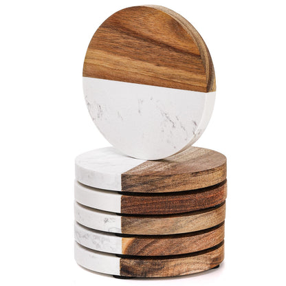 ZENFUN 6 Packs Marble Wood Coasters, Round Coaster, Handcrafted Artificial Marble Coasters Set for Your Drinks and Beverages, Tea, Coffee, Wine/Bar Glasses, Tabletop Protection Helper