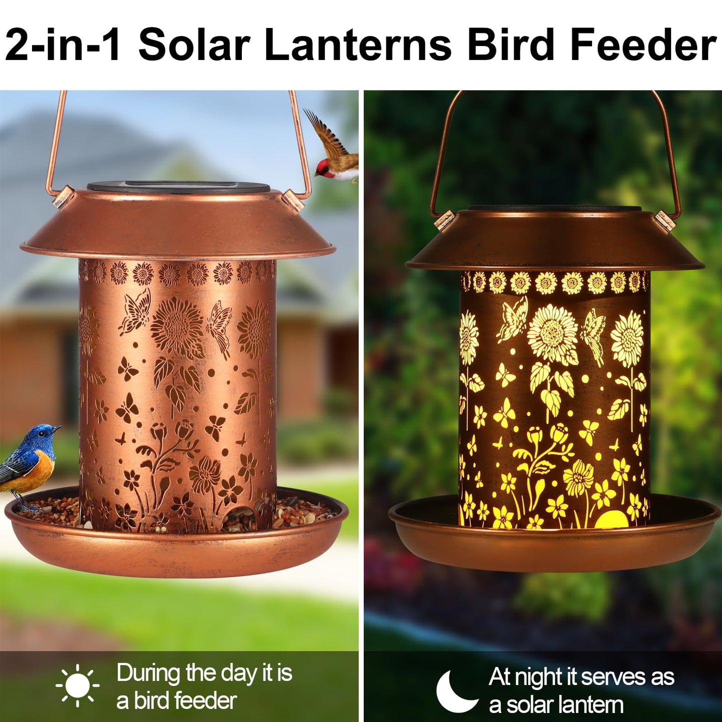 Sunflower Solar Bird Feeder for Outdoors Hanging Solar Lanterns Waterproof Metal Wild Bird Feeders Garden Outside Yard Decor Christmas Birthday Gifts for Women Mom (Butterfly