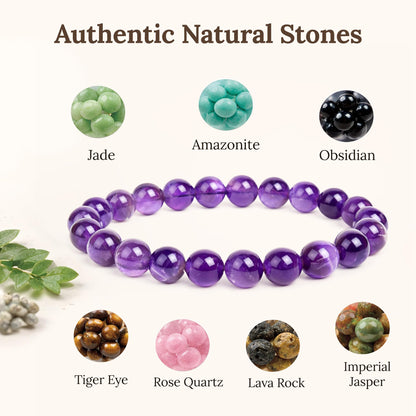 Elm City Direct 8mm Natural Stone Beaded Bracelet – Unisex Crystal Stretch Bracelets for Men & Women, Chakra & Healing Jewelry, Gift-Ready Beaded Bracelets (Amethyst, 8mm)