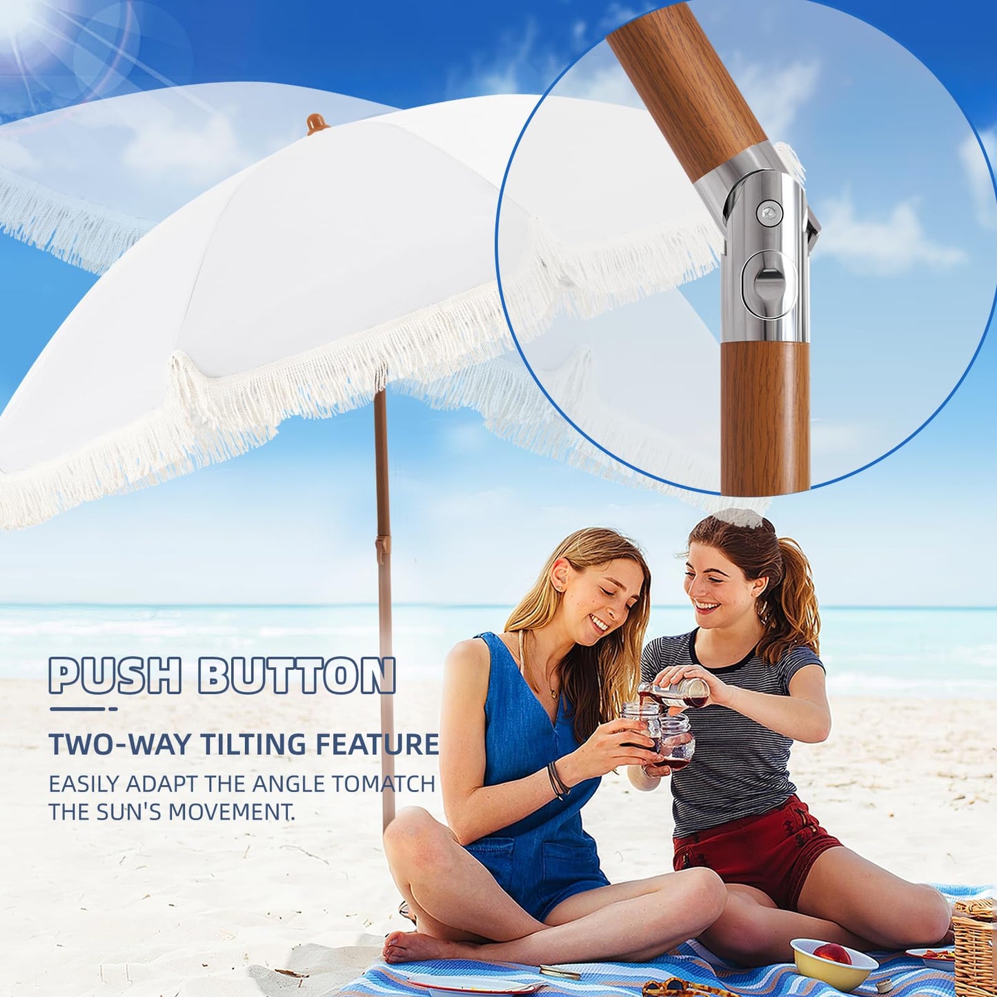 Aoxun 7ft Patio Umbrella with Fringe,Outdoor Beach Umbrella with Aluminum Pole, Ribs Push Button Tilt and Carry Bag, UV 50+ Picnic Tassel Umbrella (White)