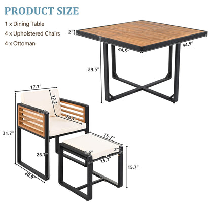 Merax 9 Pieces Outdoor Dining Set for 8 People, Acacia Wood Patio Furniture Sets with 1 Square Table, 4 Cushioned Chairs and 4 Ottomans for Backyard, Garden, Lawn, Poolside, Space Saving Design, Beige